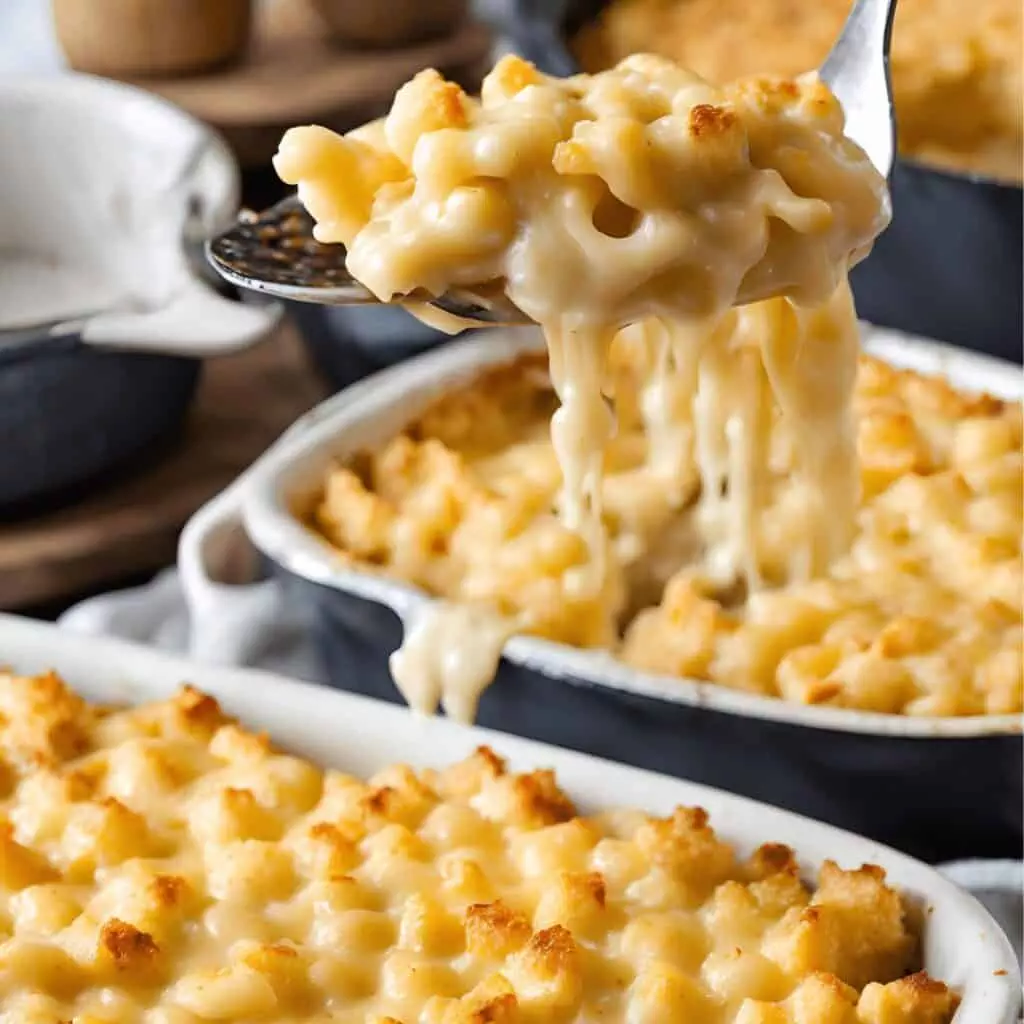 Close-up of creamy baked mac and cheese being scooped from a dish, showcasing its golden crust and gooey texture.