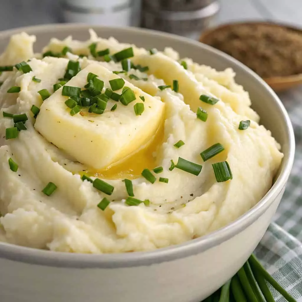 Creamy mashed potatoes garnished with herbs in a white bowl on a wooden countertop.