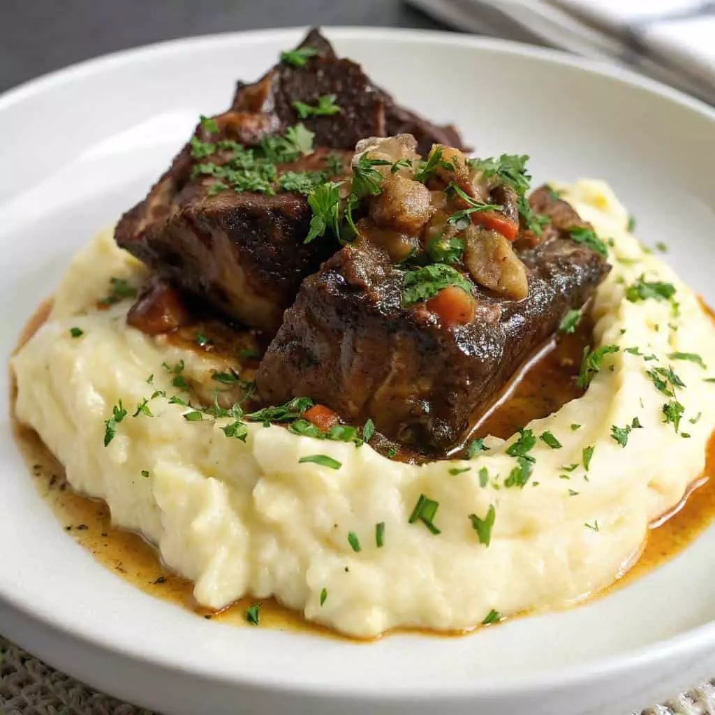 garlic braised short ribs over mashed potatoes