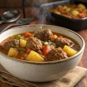 Hearty meatball stew with potatoes and vegetables in a ceramic bowl, served hot and steaming, perfect for a cozy meal.