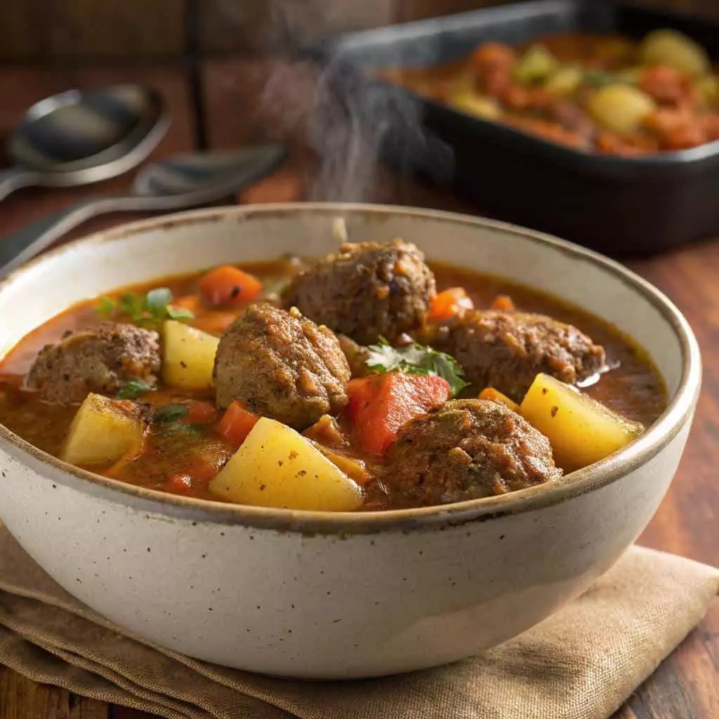 Hearty meatball stew with potatoes and vegetables in a ceramic bowl, served hot and steaming, perfect for a cozy meal.