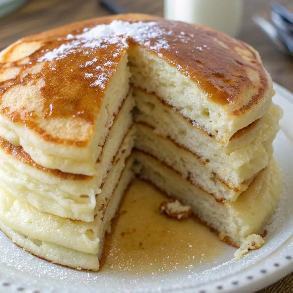 Stack of fluffy pancakes with powdered sugar and syrup on a white plate, missing a slice. Perfect breakfast treat.