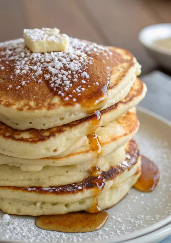 Stack of fluffy pancakes topped with butter and syrup, sprinkled with powdered sugar on a plate.