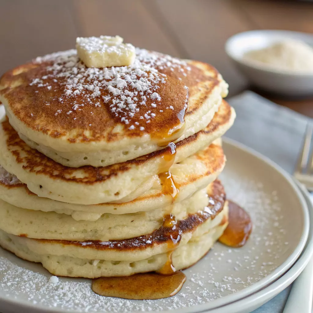 Stack of fluffy pancakes topped with butter and syrup, sprinkled with powdered sugar on a plate.