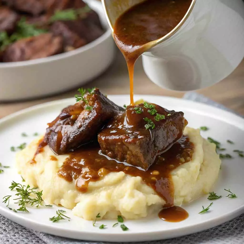 sauce over braised short ribs