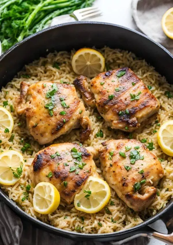 Skillet lemon chicken thighs on seasoned rice, garnished with parsley and lemon slices, ready to serve.