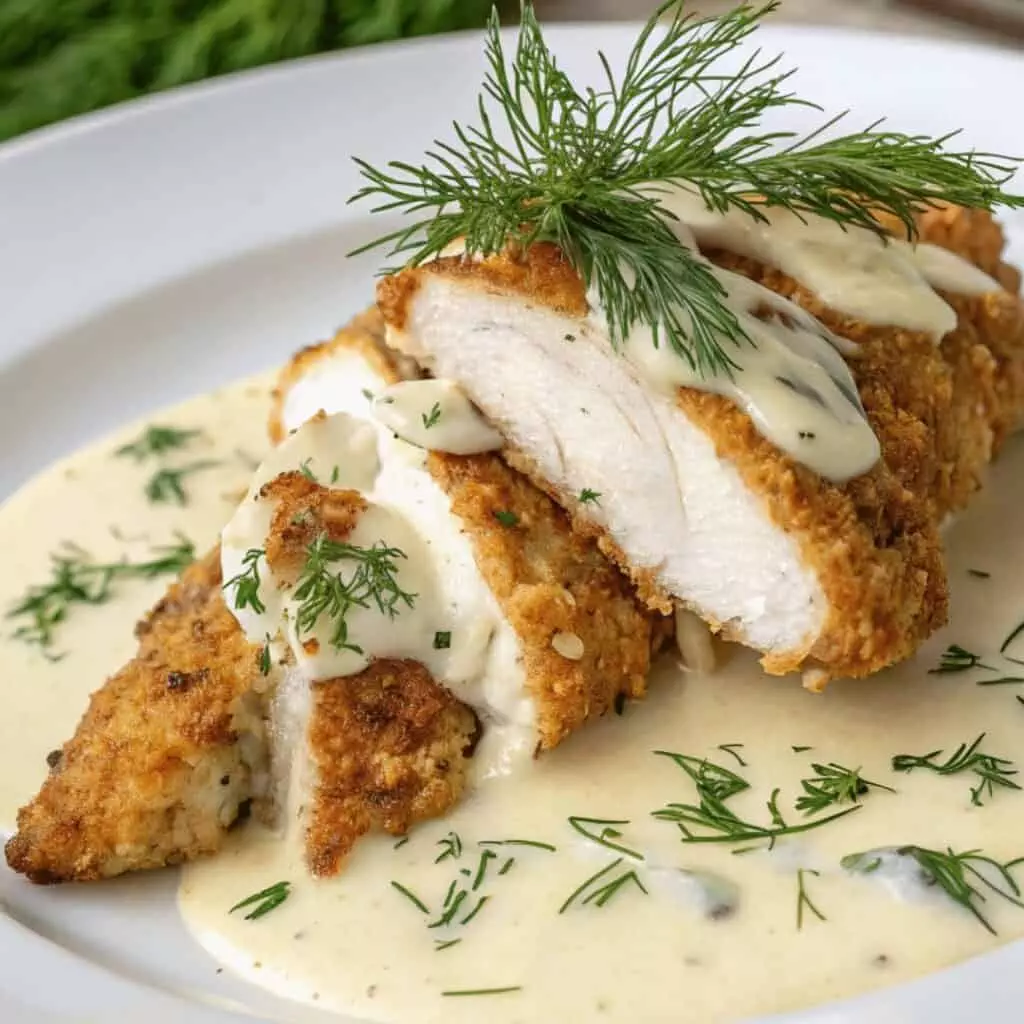 Crispy breaded chicken with creamy sauce, garnished with fresh dill on a white plate.