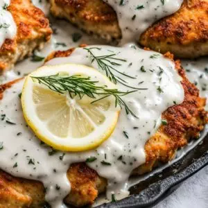 Creamy lemon herb chicken in a skillet, garnished with fresh dill and lemon slices, perfect for a savory meal.