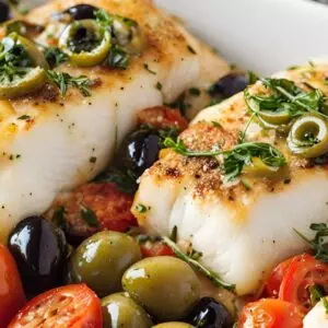 Grilled fish with olives and herbs garnished with cherry tomatoes in a white dish. Perfect Mediterranean cuisine.