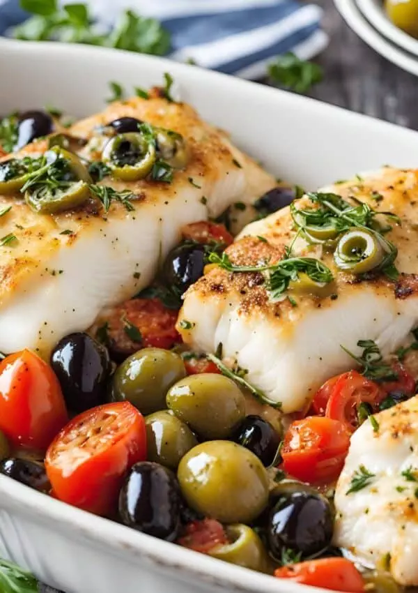 Baked cod with olives and cherry tomatoes in a white dish, garnished with herbs. Perfect Mediterranean meal.