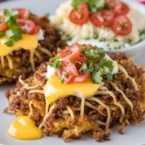 Cheesy taco casserole topped with tomatoes and cilantro, served with mashed potatoes garnished with sliced tomatoes.