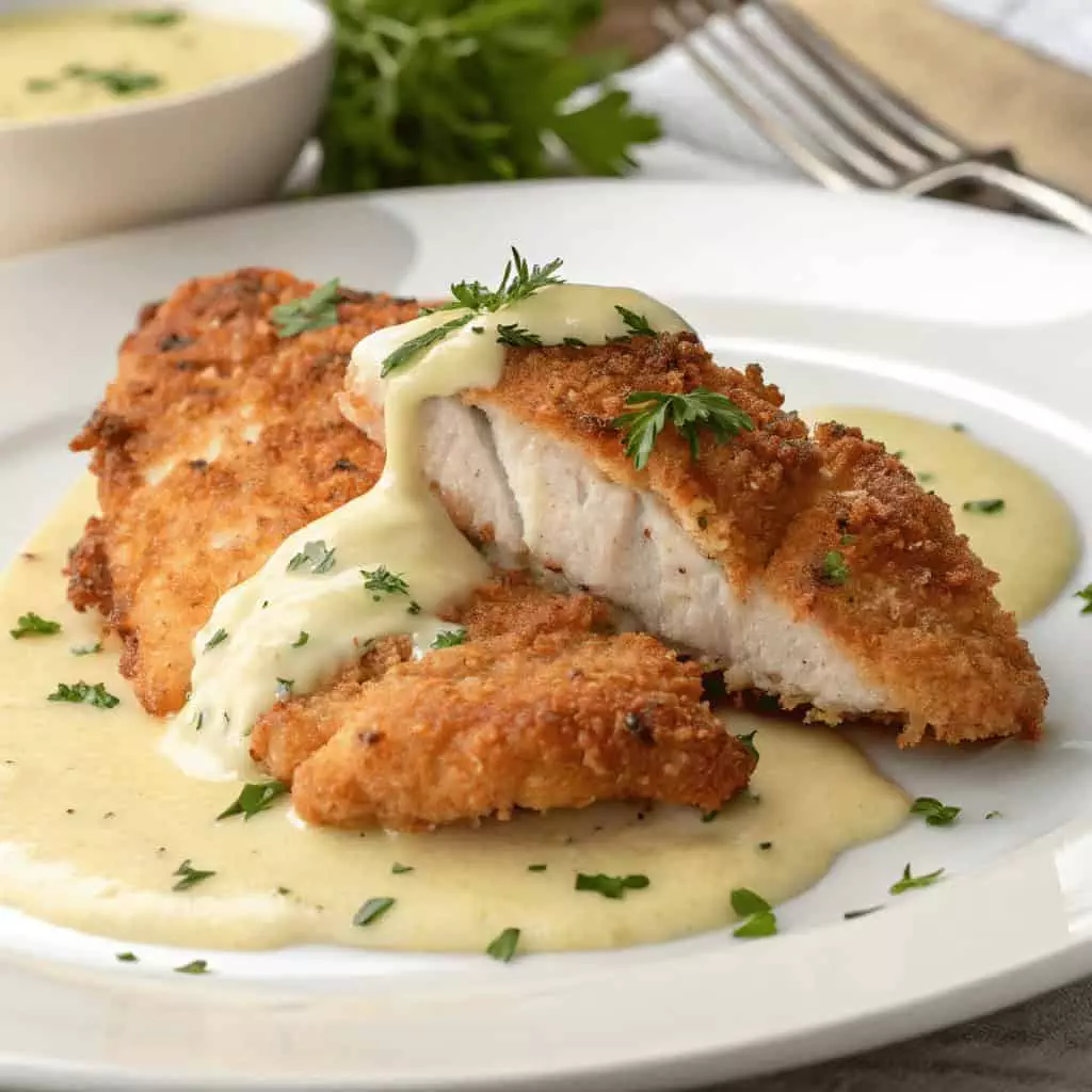 Crispy breaded chicken topped with creamy sauce and herbs on a white plate, served with a side of sauce.