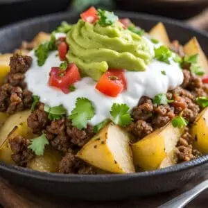 Loaded baked potato topped with seasoned beef, creamy sauce, guacamole, diced tomatoes, and fresh cilantro in a skillet.