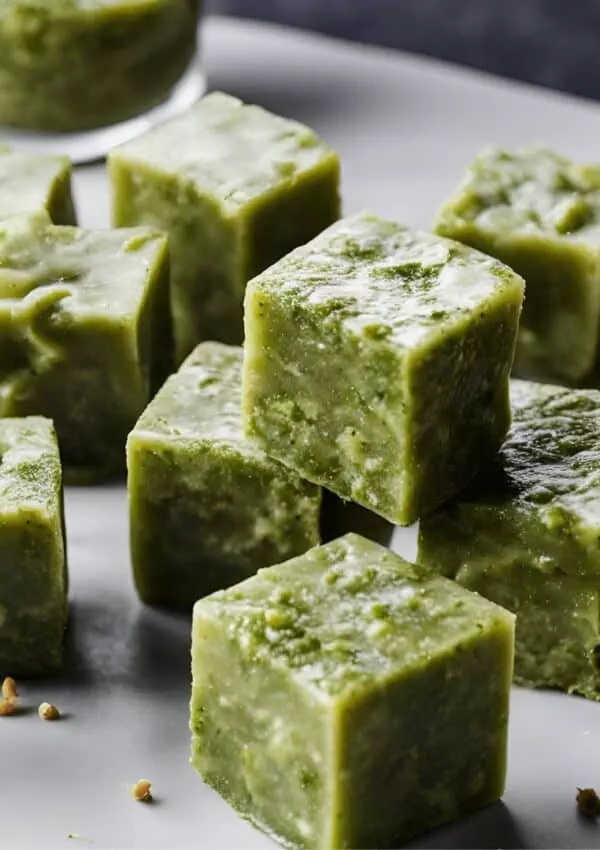 Green matcha fudge cubes on a white plate, providing a sweet and vibrant dessert option.