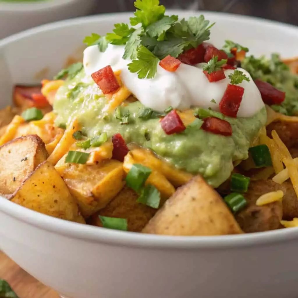 Loaded potato nachos topped with guacamole, sour cream, cheese, and fresh cilantro in a white bowl.