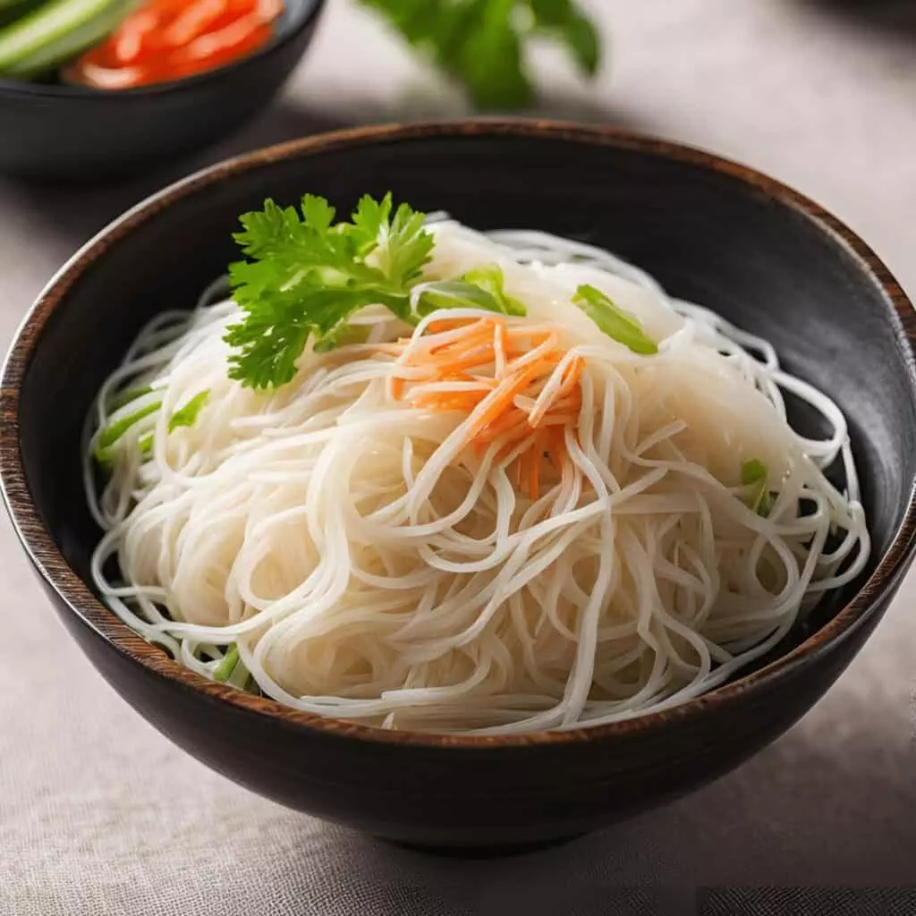 Bowl of rice noodles with carrots and fresh cilantro, perfect for a light Asian-inspired meal.