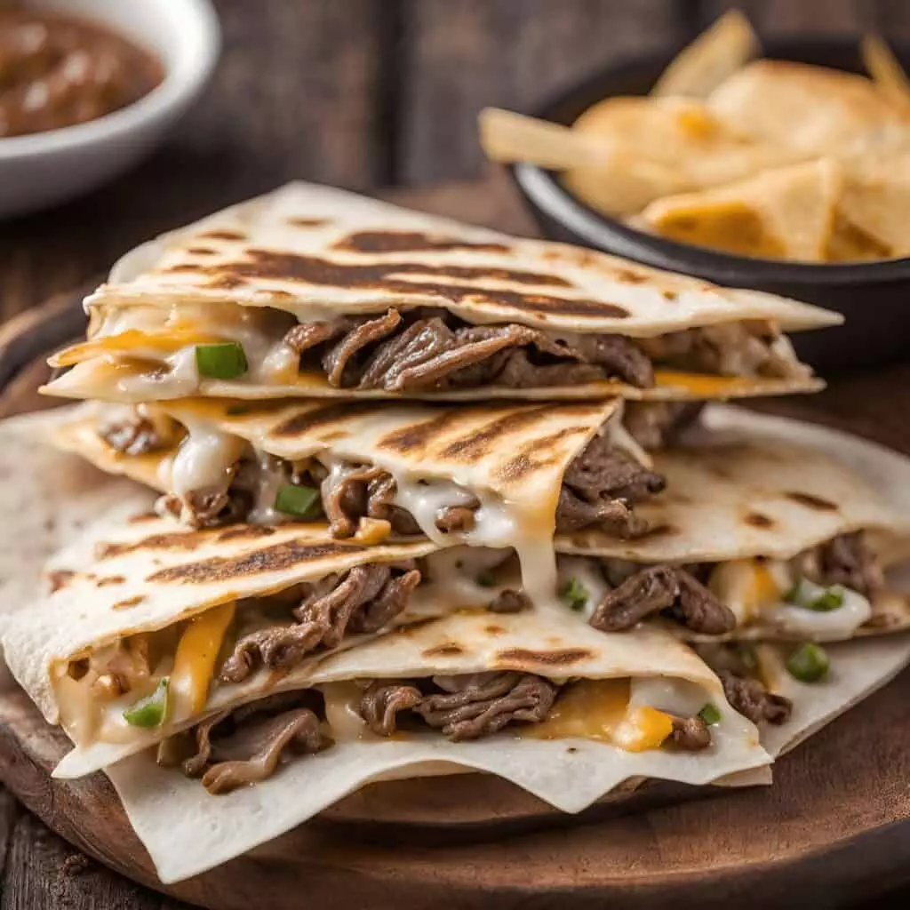 Close-up of cheesy beef quesadillas stacked on a wooden board, with a side of dipping sauce in the background.