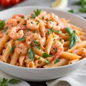 Shrimp penne pasta garnished with fresh basil and parsley in a white bowl, perfect for a delicious Italian meal.