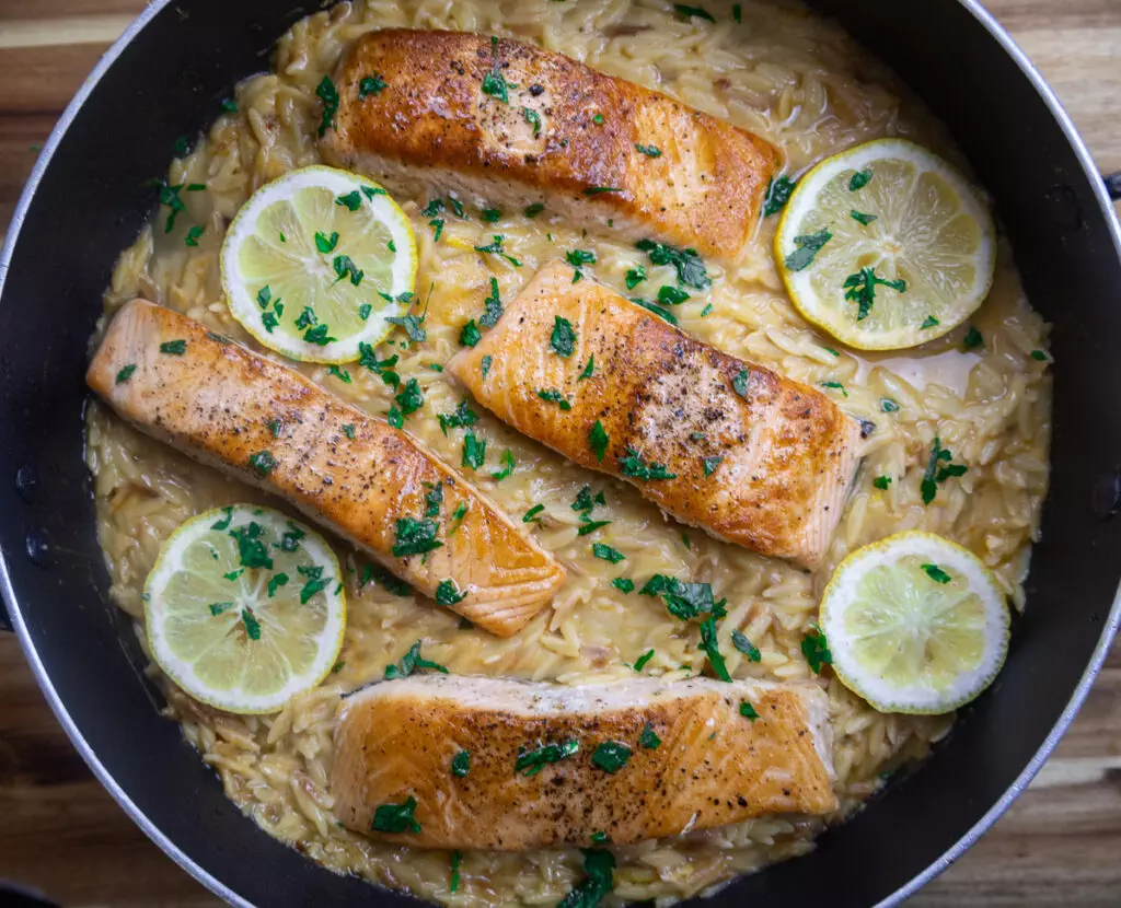 One-Pot Lemon Garlic Salmon Orzo