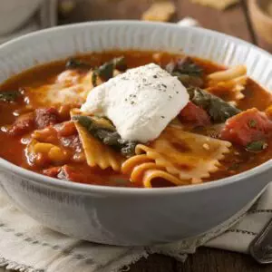 Hearty lasagna soup with spinach and ricotta in a blue bowl, garnished with herbs. Perfect for a comforting meal.