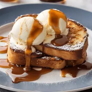 French toast topped with vanilla ice cream and caramel sauce, dusted with powdered sugar, served on a blue plate.