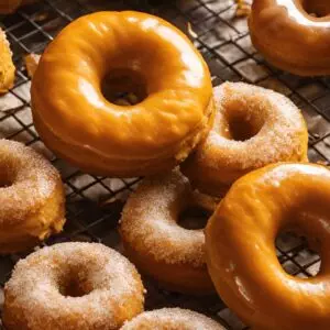 Assorted glazed and sugared donuts on a cooling rack, perfect for breakfast or a sweet treat.