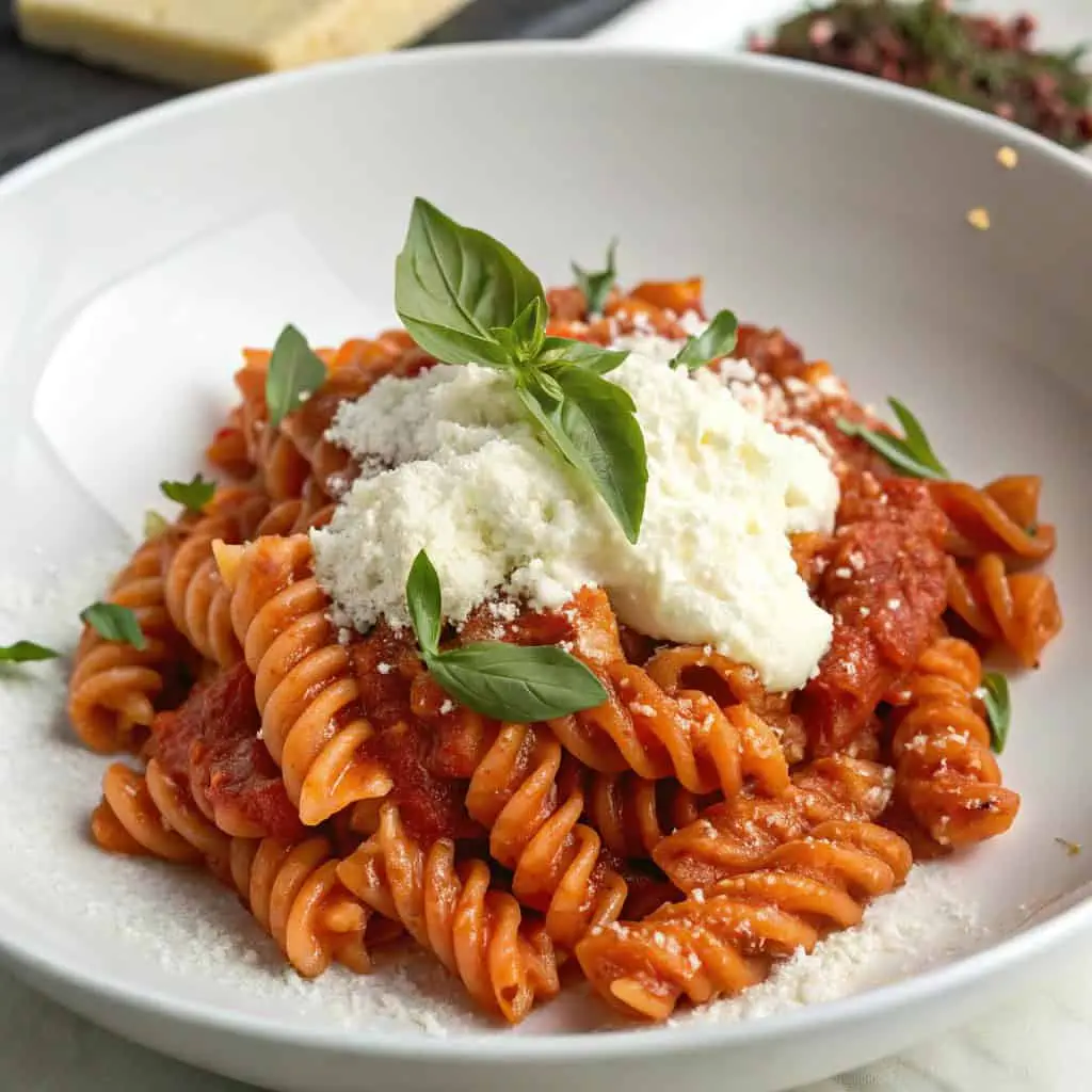 Delicious rotini pasta with tomato sauce, ricotta, and fresh basil leaves in a white bowl.