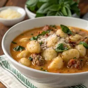 Hearty gnocchi soup with sausage, spinach, and parmesan in a white bowl, perfect for a cozy Italian meal.