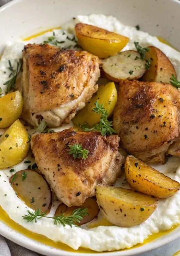 Greek Lemon Chicken & Potatoes over Whipped Feta