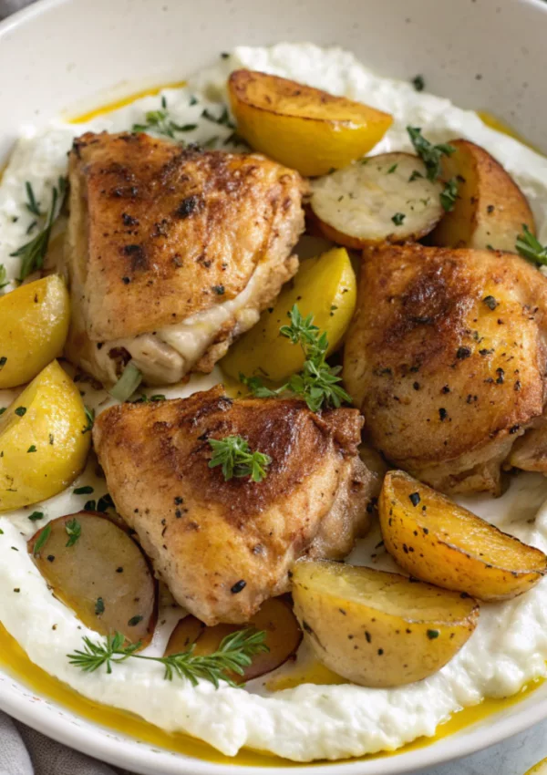 Greek Lemon Chicken & Potatoes over Whipped Feta