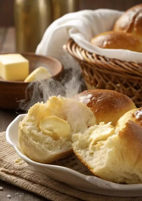 Warm dinner rolls with melted butter on a plate, basket of rolls in background. Perfect for cozy meals.