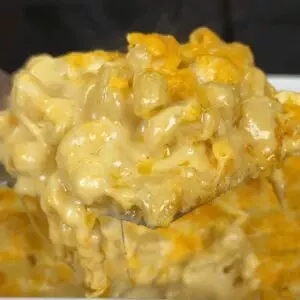 Cheesy macaroni and cheese on a spoon, showcasing melted cheese and creamy texture. Perfect comfort food close-up.