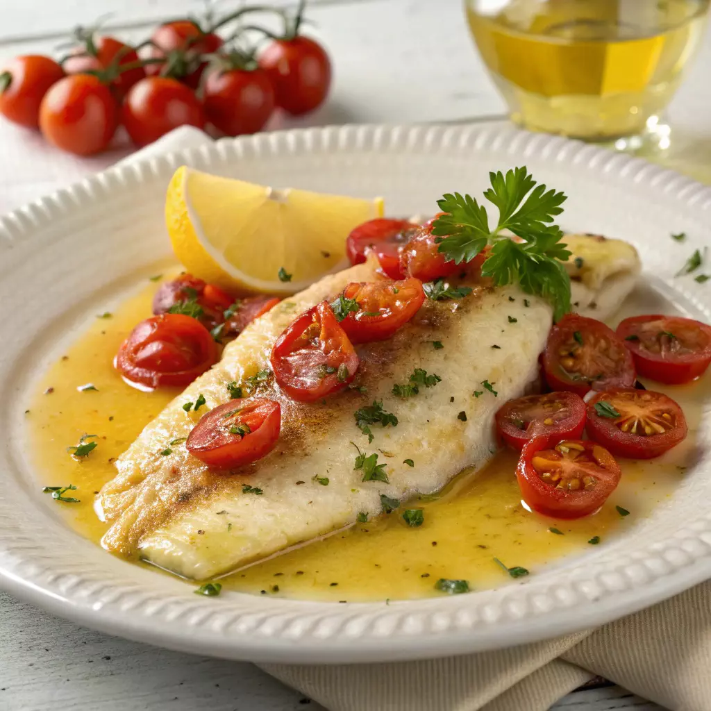 Baked tilapia filet with cherry tomatoes, herbs, and lemon on a white plate, with wine and fresh tomatoes in the background.