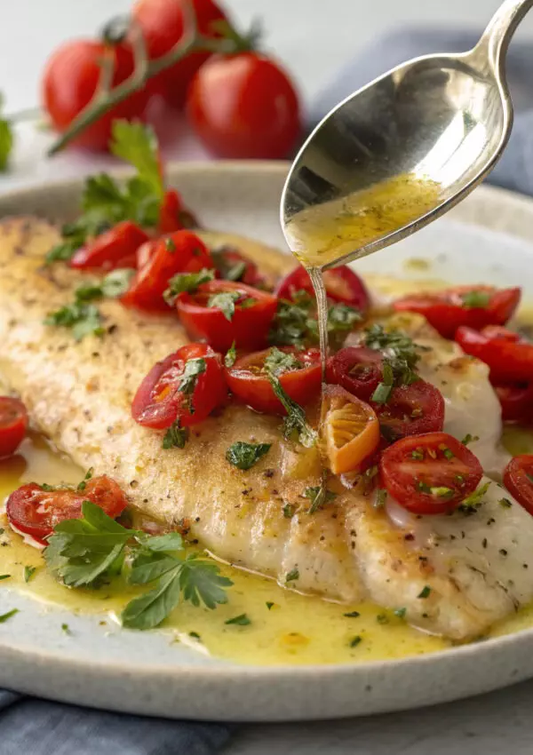 baked tilapia cherry tomatoes drizzled with herb-infused oil on a plate.