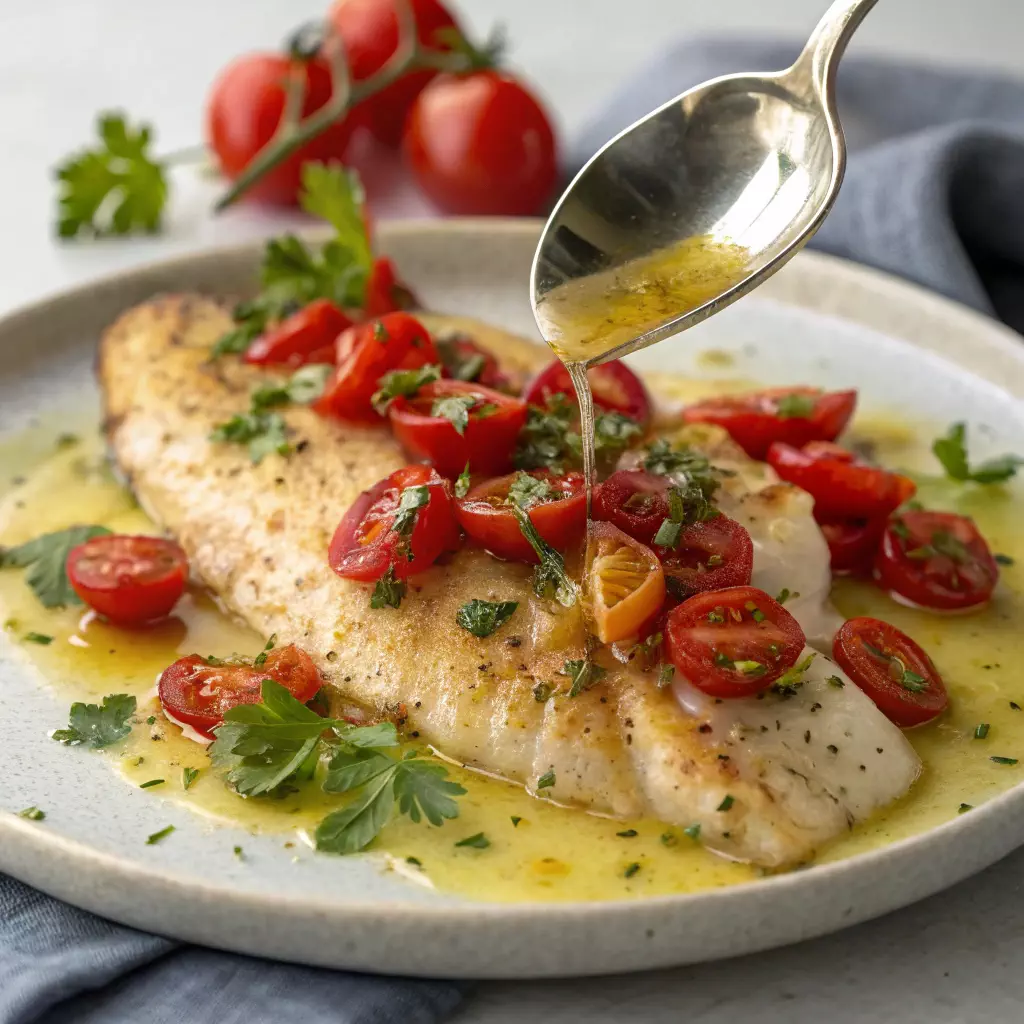 Baked tilapia with cherry tomatoes drizzled with herb-infused oil on a plate.