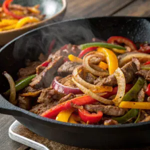 Sizzling beef fajitas with colorful bell peppers and onions in a cast iron skillet, perfect for a flavorful meal.