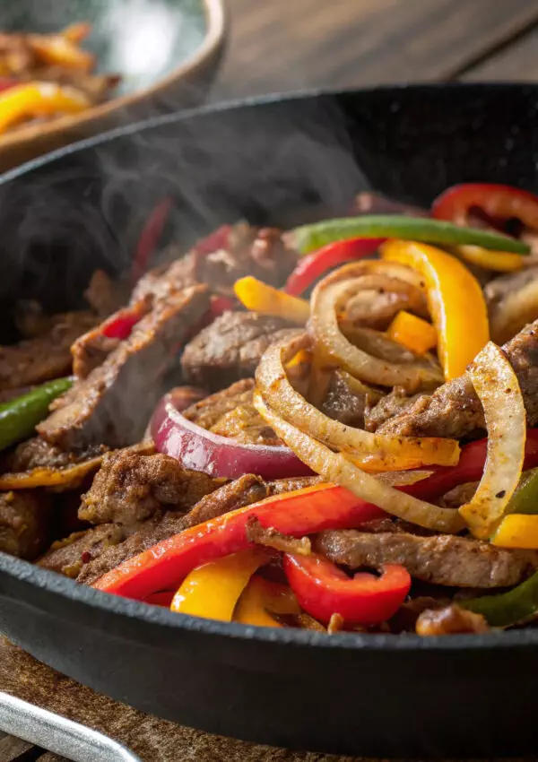 Sizzling beef fajitas with colorful bell peppers and onions in a cast iron skillet, perfect for a flavorful meal.