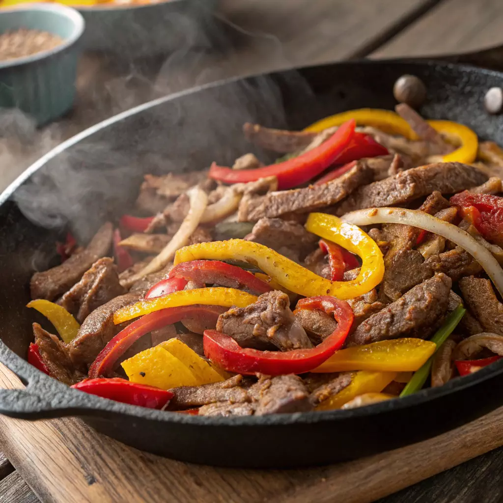 Sizzling beef fajitas with colorful bell peppers and onions in a cast iron skillet on a wooden board.