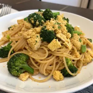 Tofu and broccoli pasta on a white plate, garnished with creamy sauce, perfect for a healthy vegan meal.