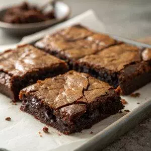 Close-up of freshly baked chocolate brownies on parchment paper, showcasing a fudgy texture and crispy top.