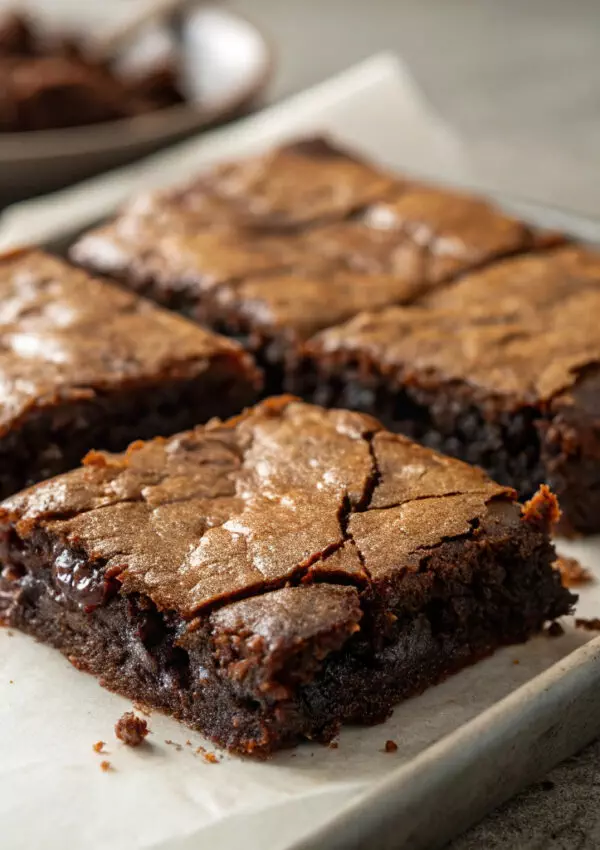 Close-up of freshly baked chocolate brownies on parchment paper, showcasing a fudgy texture and crispy top.