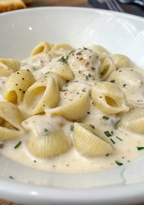 Creamy pasta shells garnished with herbs in a white bowl, perfect for Italian cuisine lovers and comfort food enthusiasts.