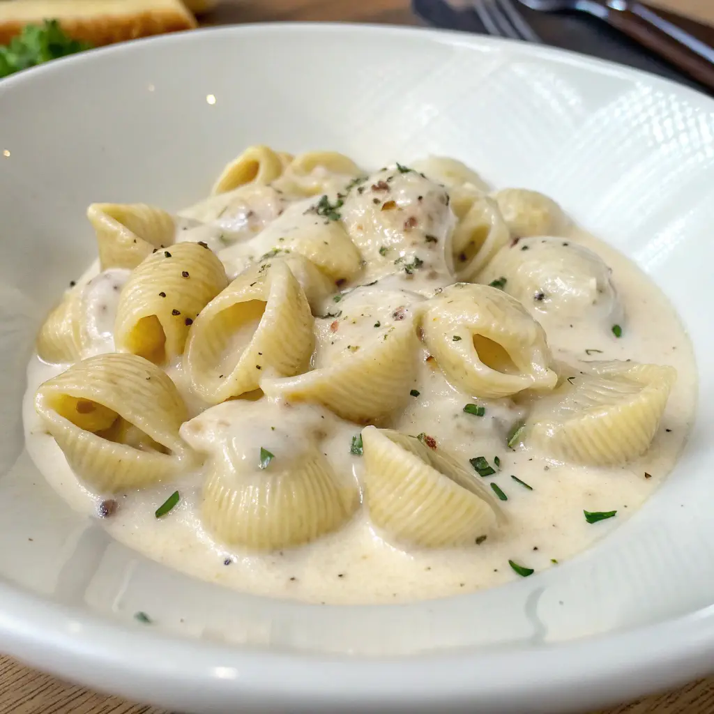 Creamy pasta shells garnished with herbs in a white bowl, perfect for Italian cuisine lovers and comfort food enthusiasts.