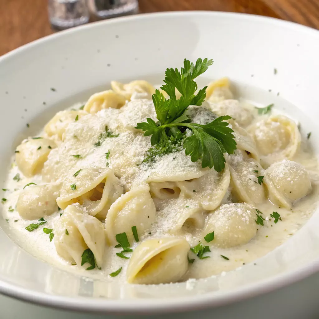 Creamy pasta garnished with parsley in a white sauce, served in a bowl, perfect for an Italian dinner.