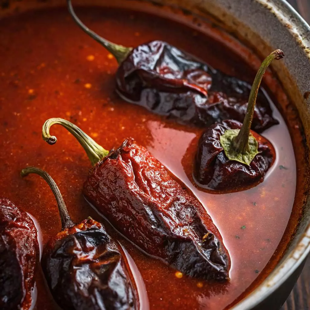 Dried chiles soaking in a rich, red sauce, highlighting traditional Mexican cuisine ingredients.