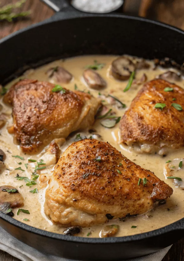 Creamy garlic chicken with mushrooms in a black skillet, garnished with fresh herbs, perfect for a savory dinner.