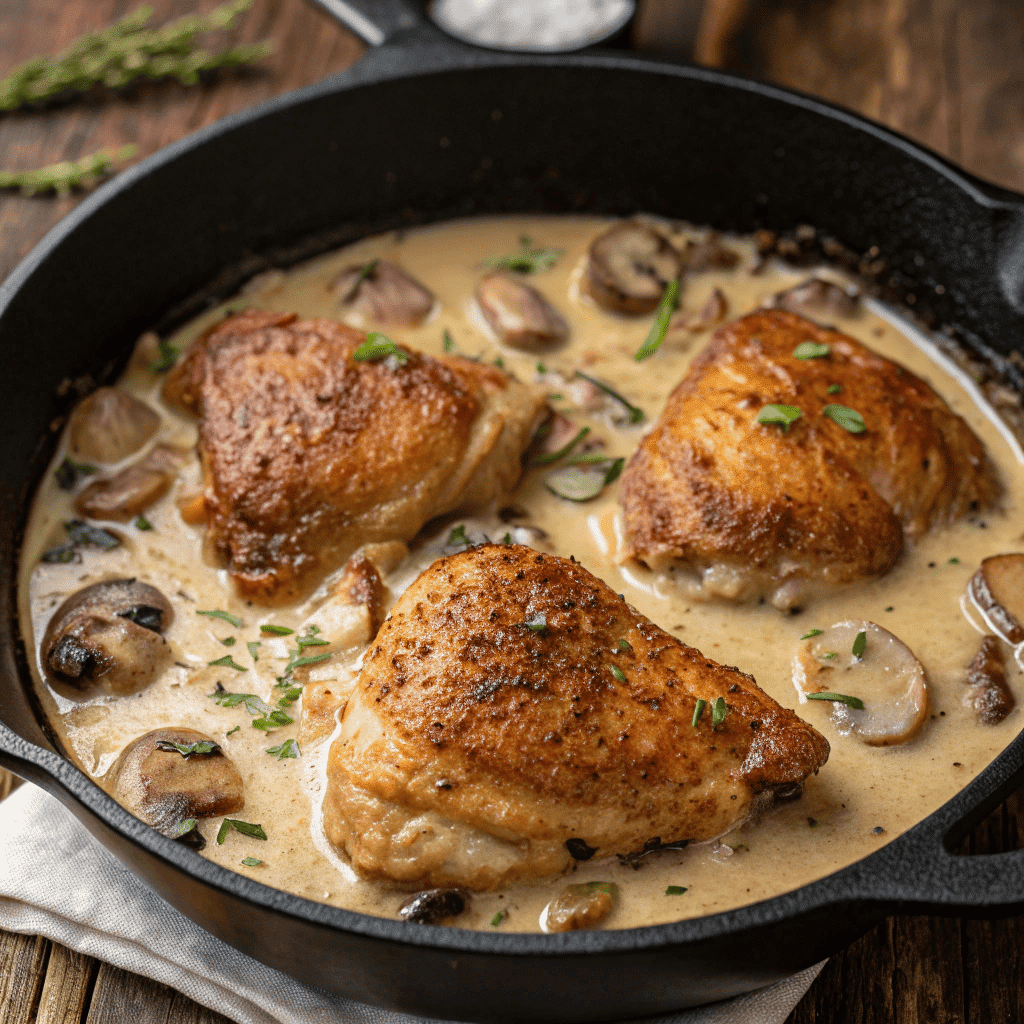 Creamy garlic chicken with mushrooms in a black skillet, garnished with fresh herbs, perfect for a savory dinner.